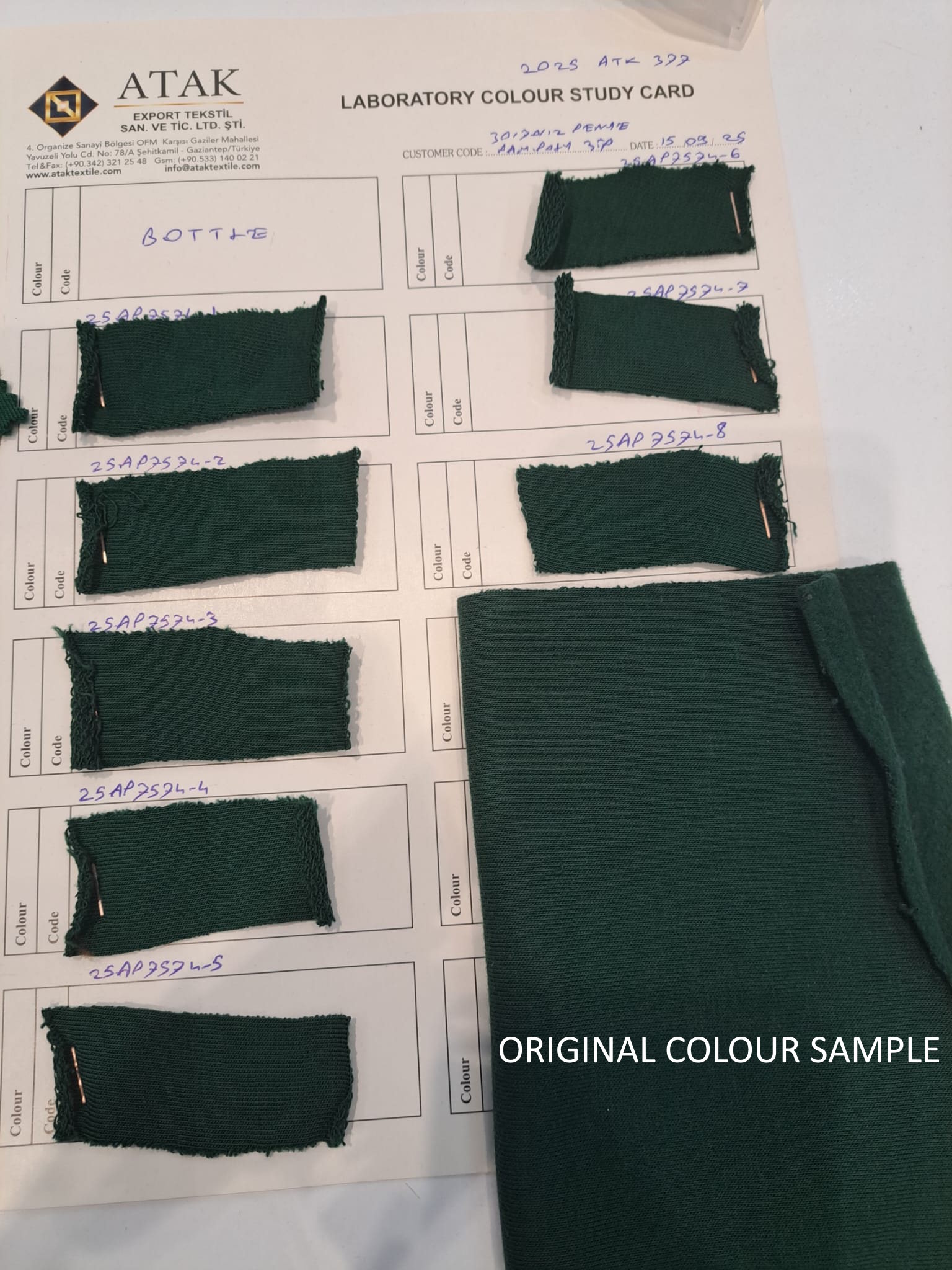 Atak Textile laboratory colour study card with lab dip fabric swatches
